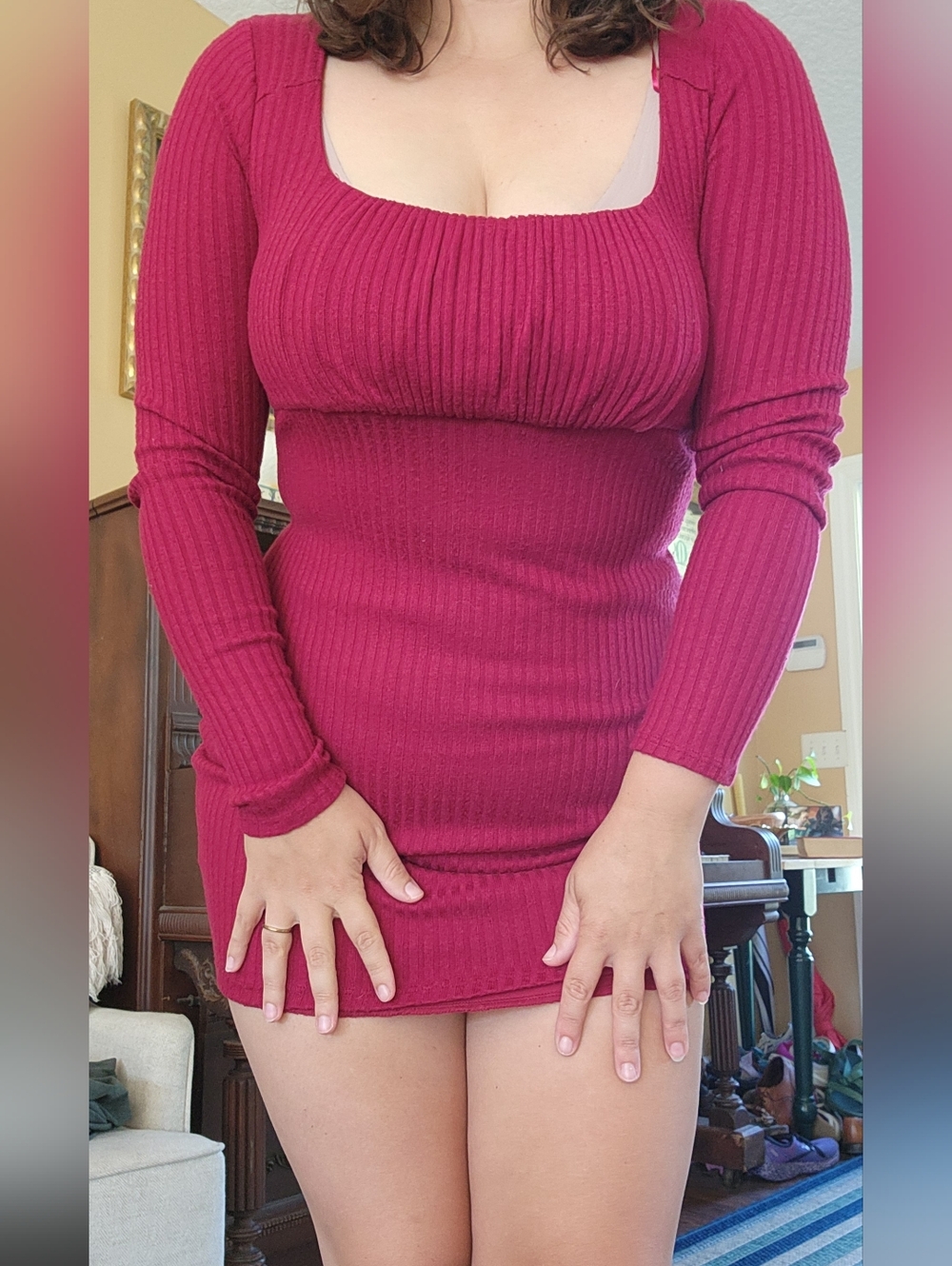 Altar'd State Ribbed Scoop-Neck Long Sleeve Dress in Deep Rose